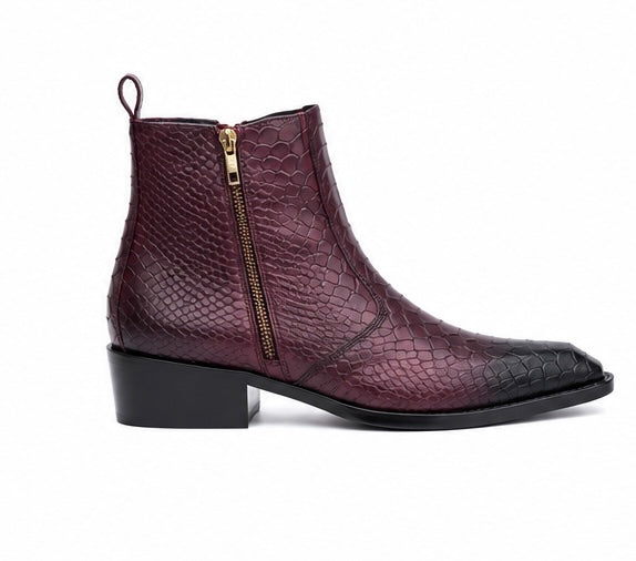BURGUNDY SNAKESKIN CHELSEA BOOTS WITH BLACK TOE FADE
