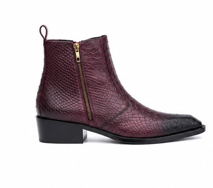 BURGUNDY SNAKESKIN CHELSEA BOOTS WITH BLACK TOE FADE