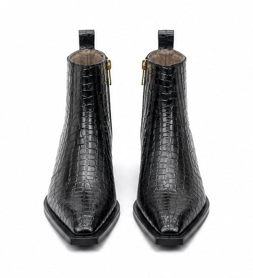 PREMIUM BLACK CROCODILE EMBOSSED LEATHER ANKLE BOOTS WITH GOLD SIDE ZIPPER