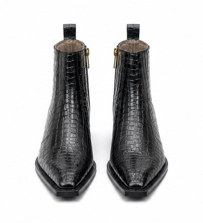 PREMIUM BLACK CROCODILE EMBOSSED LEATHER ANKLE BOOTS WITH GOLD SIDE ZIPPER