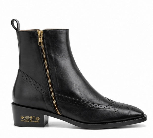 MEN’S PREMIUM BLACK BROGUE ZIP BOOTS – GENUINE LEATHER FORMAL ANKLE BOOTS