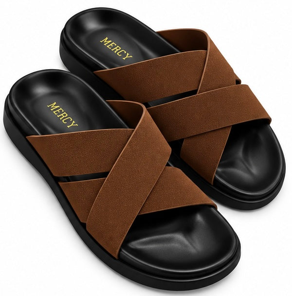 MEN’S CROSS-STRAP SLIDES – BROWN