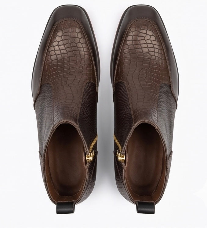 PREMIUM BROWN CROCODILE-EMBOSSED LEATHER SQUARE-TOE CHELSEA BOOTS WITH GOLD SIDE ZIPPER