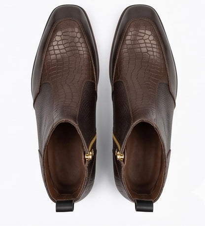 PREMIUM BROWN CROCODILE-EMBOSSED LEATHER SQUARE-TOE CHELSEA BOOTS WITH GOLD SIDE ZIPPER