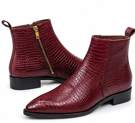 BURGUNDY CROCODILE EMBOSSED ZIP BOOTS