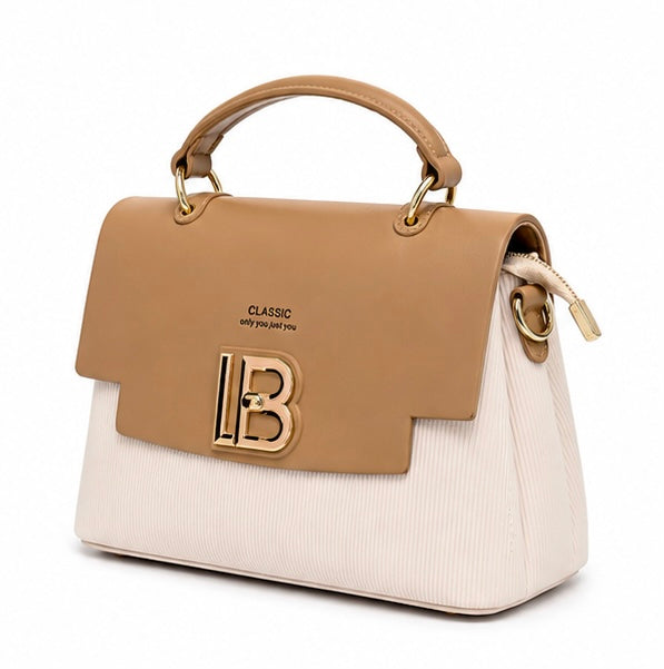 CAMEL BROWN & CREAM LB LOGO STRUCTURED HANDBAG
