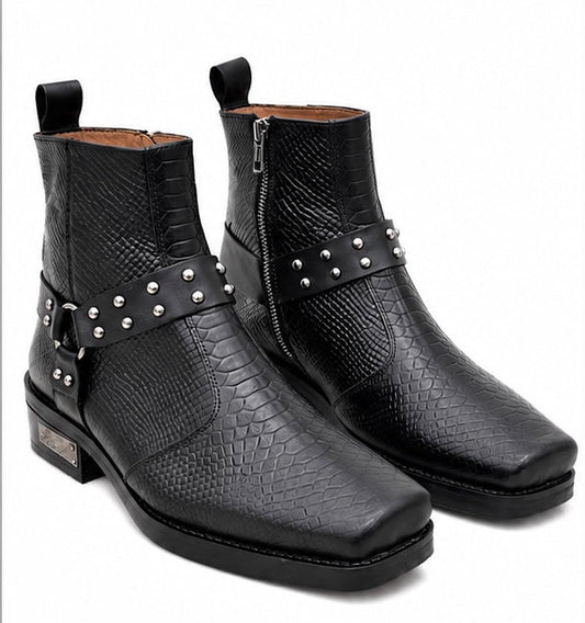 BLACK SNAKE TEXTURED STUDDED ANKLE BOOTS
