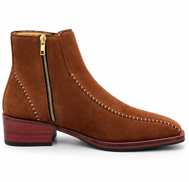COGNAC SUEDE STITCHED ZIPPER ANKLE BOOTS