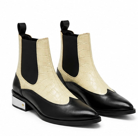 MEN’S BLACK & CREAM CROCODILE TEXTURE CHELSEA BOOTS – LUXURY CONTRAST ANKLE BOOTS