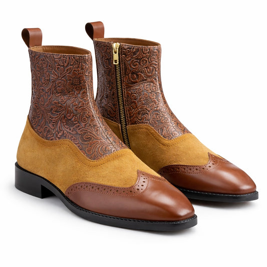 TAN & BROWN EMBOSSED LEATHER CHELSEA BOOTS WITH SUEDE PANEL AND BROGUE TOE