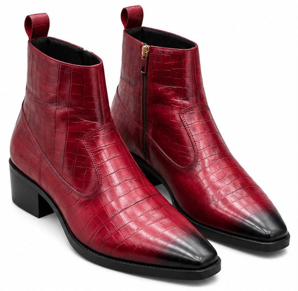 PREMIUM BURGUNDY CROCODILE TEXTURED LEATHER CHELSEA BOOTS