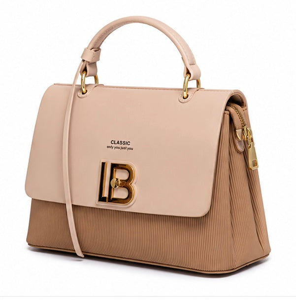 BLUSH PINK & TAUPE STRUCTURED HANDBAG WITH LB GOLD LOGO