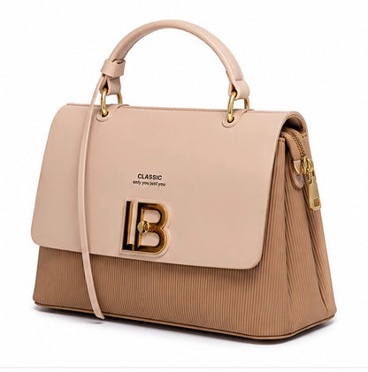 BLUSH PINK & TAUPE STRUCTURED HANDBAG WITH LB GOLD LOGO