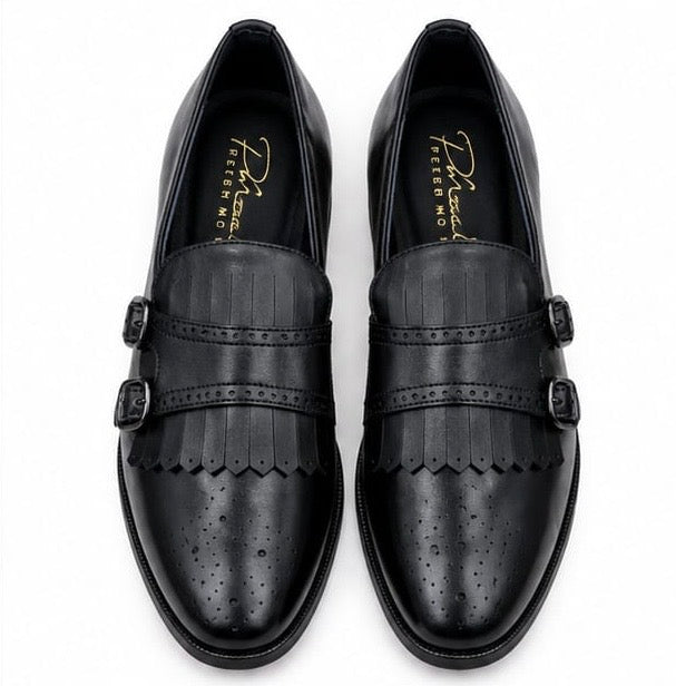 BLACK DOUBLE MONK STRAP FRINGE LOAFERS WITH BROGUE DETAILING