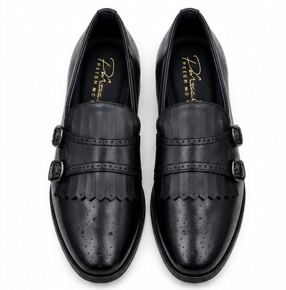 BLACK DOUBLE MONK STRAP FRINGE LOAFERS WITH BROGUE DETAILING