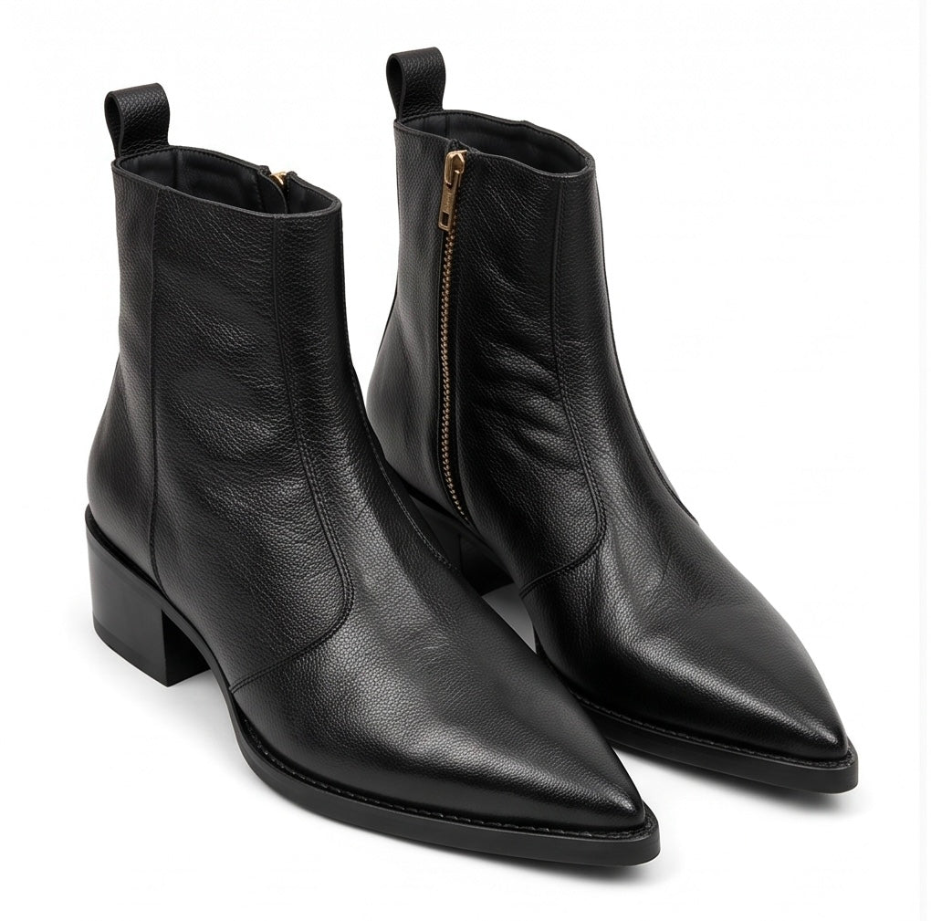 Black Pointed Toe Leather Ankle Boots