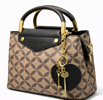 ELEGANT MONOGRAM PRINT TOP HANDLE HANDBAG WITH HEART CHARM