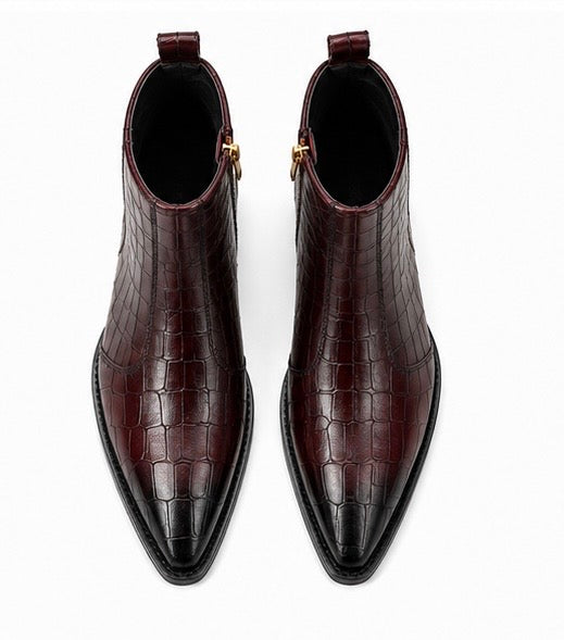 Burgundy Croc Embossed Leather Ankle Boots