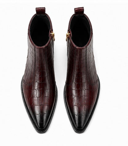 Burgundy Croc Embossed Leather Ankle Boots