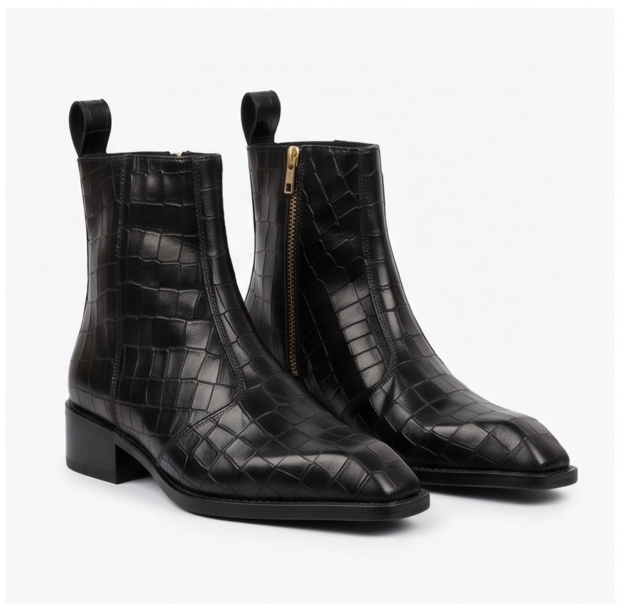 PREMIUM BLACK CROCODILE-EMBOSSED LEATHER SQUARE-TOE CHELSEA BOOTS WITH GOLD SIDE ZIPPER
