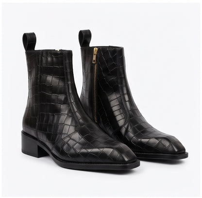 PREMIUM BLACK CROCODILE-EMBOSSED LEATHER SQUARE-TOE CHELSEA BOOTS WITH GOLD SIDE ZIPPER