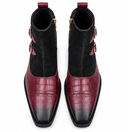 BURGUNDY & BLACK CROC TEXTURE DOUBLE BUCKLE ANKLE BOOTS
