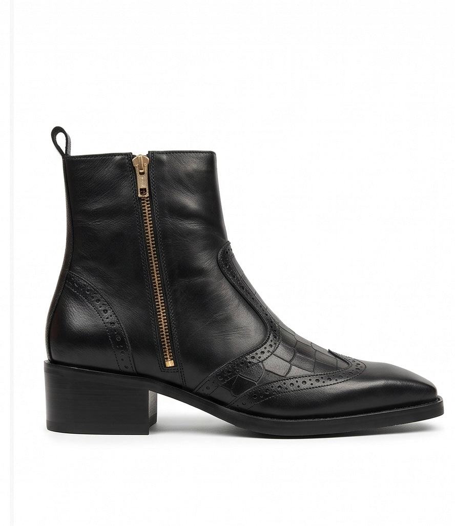 Black Croc Embossed Leather Ankle Boots