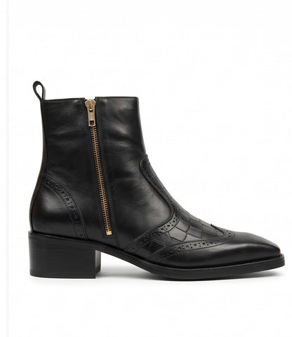 Black Croc Embossed Leather Ankle Boots