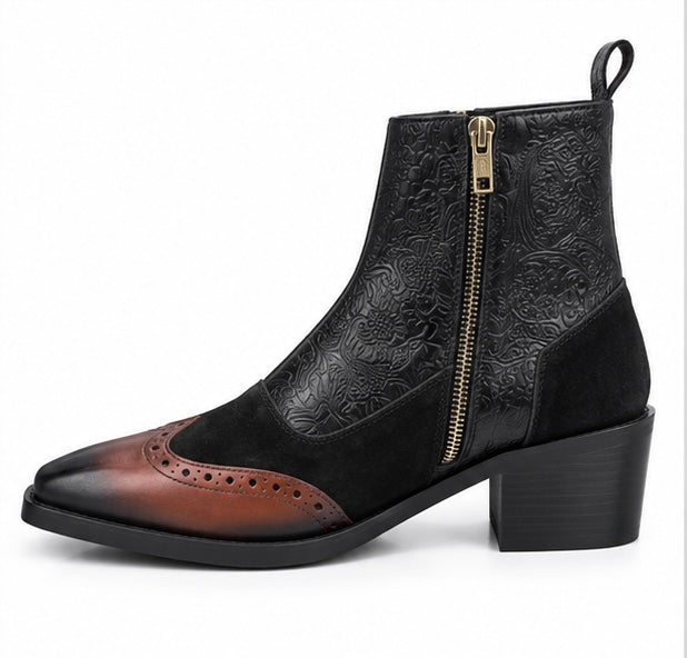 BLACK & BROWN BROGUE EMBOSSED LEATHER ANKLE BOOTS