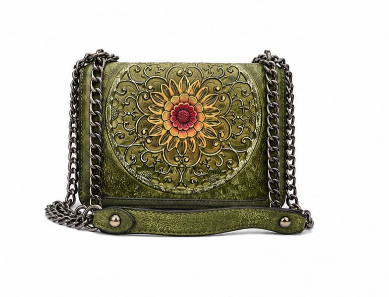 HANDCRAFTED EMBOSSED LEATHER CHAIN SHOULDER BAG GREEN