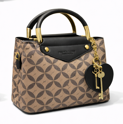 ELEGANT MONOGRAM PRINT TOP HANDLE HANDBAG WITH HEART CHARM