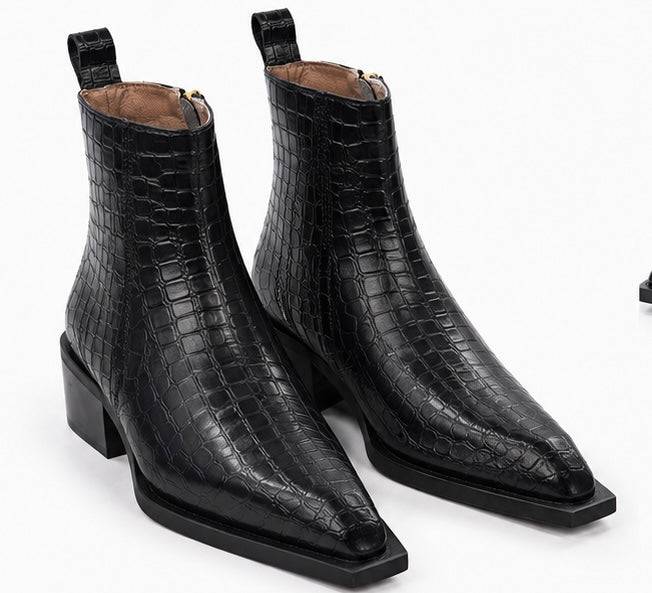 PREMIUM BLACK CROCODILE EMBOSSED LEATHER ANKLE BOOTS WITH GOLD SIDE ZIPPER