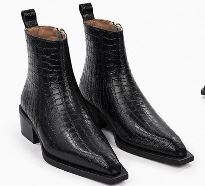 PREMIUM BLACK CROCODILE EMBOSSED LEATHER ANKLE BOOTS WITH GOLD SIDE ZIPPER