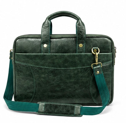 DARK GREEN LEATHER LAPTOP BRIEFCASE WITH SHOULDER STRAP