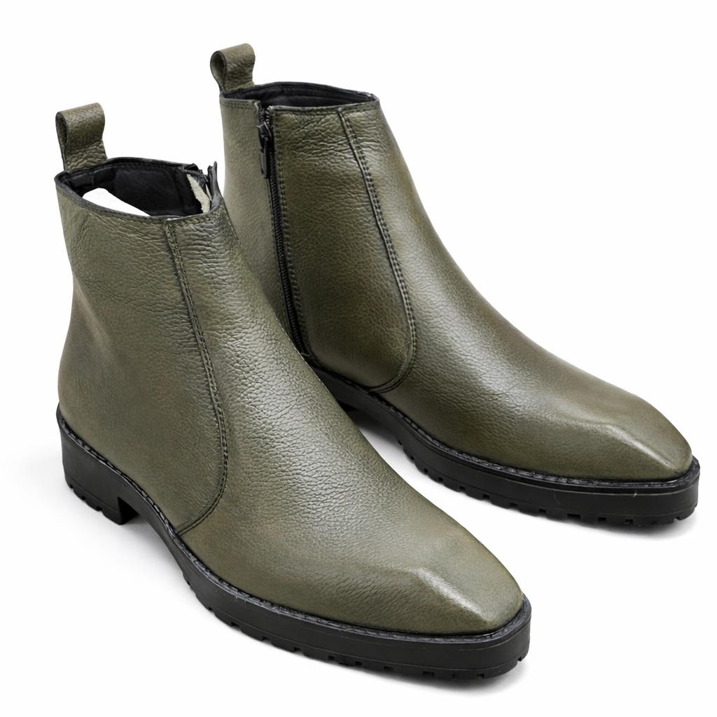 OLIVE GREEN LEATHER CHELEA BOOTS