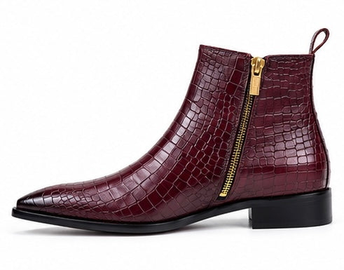 WINE RED CROCODILE EMBOSSED CHELSEA BOOTS