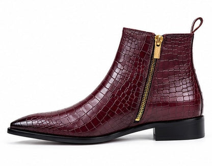 WINE RED CROCODILE EMBOSSED CHELSEA BOOTS