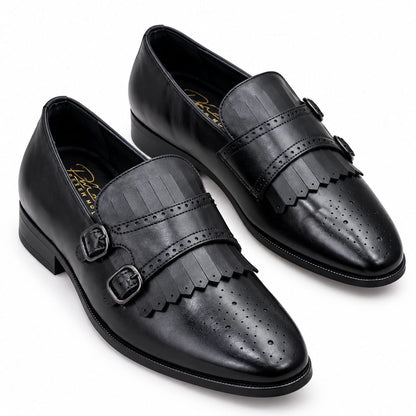BLACK DOUBLE MONK STRAP FRINGE LOAFERS WITH BROGUE DETAILING