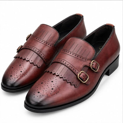 MAROON DOUBLE MONK STRAP LOAFERS WITH FRINGE DETAILING
