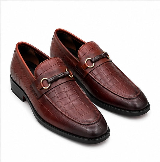 PREMIUM BURGUNDY CROCODILE EMBOSSED BIT LOAFERS FOR MEN – LUXURY FORMAL LEATHER DRESS SHOES