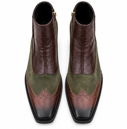 BROWN & OLIVE GREEN CROC TEXTURE ANKLE BOOTS