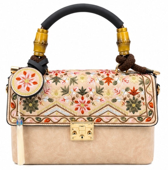 FLORAL EMBROIDERED HANDBAG – BEIGE