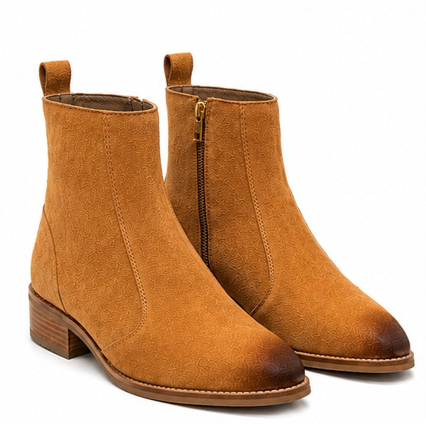 TAN SUEDE LEATHER ZIPPER ANKLE BOOTS