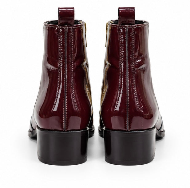 MEN’S GLOSSY BURGUNDY POINTED-TOE ANKLE BOOTS WITH GOLD ZIPPER