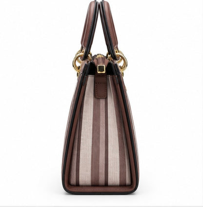 BROWN & CREAM STRIPED TOP HANDLE HANDBAG