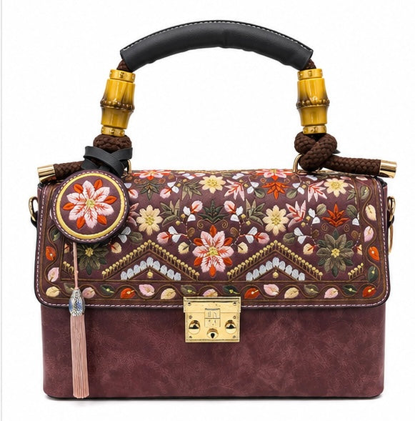FLORAL EMBROIDERED HANDBAG – BROWN