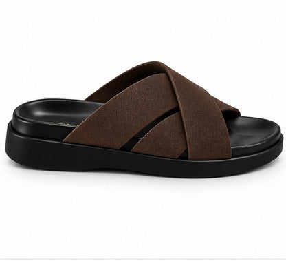 MEN’S CROSS-STRAP SLIDES – DARK BROWN