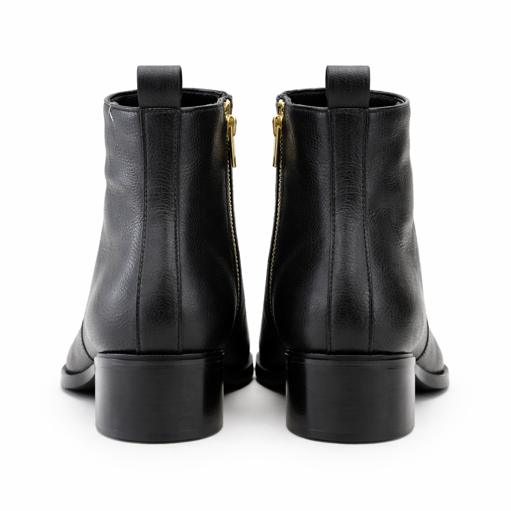 BLACK TEXTURED LEATHER ANKLE BOOTS WITH METAL TOE CAP