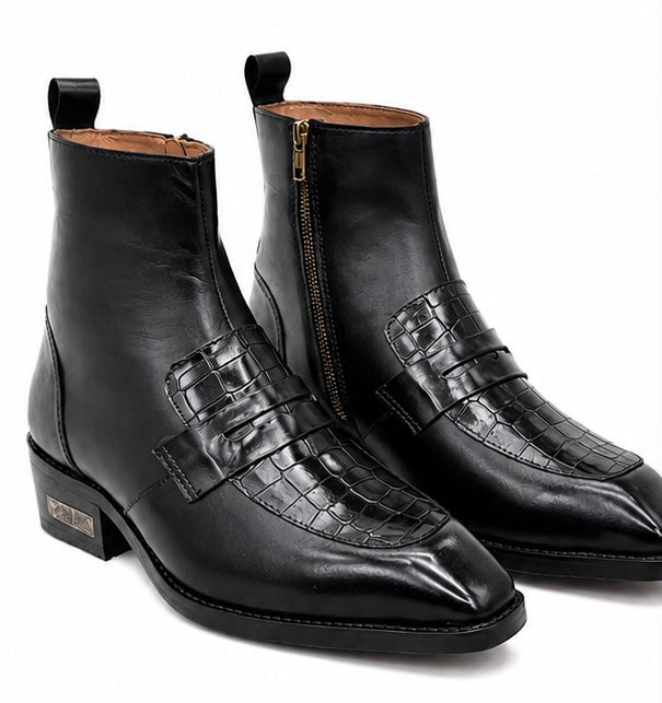 BLACK LEATHER CROCODILE PANEL ZIPPER ANKLE BOOTS