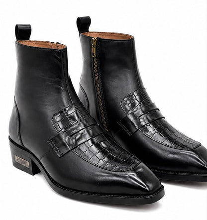 BLACK LEATHER CROCODILE PANEL ZIPPER ANKLE BOOTS
